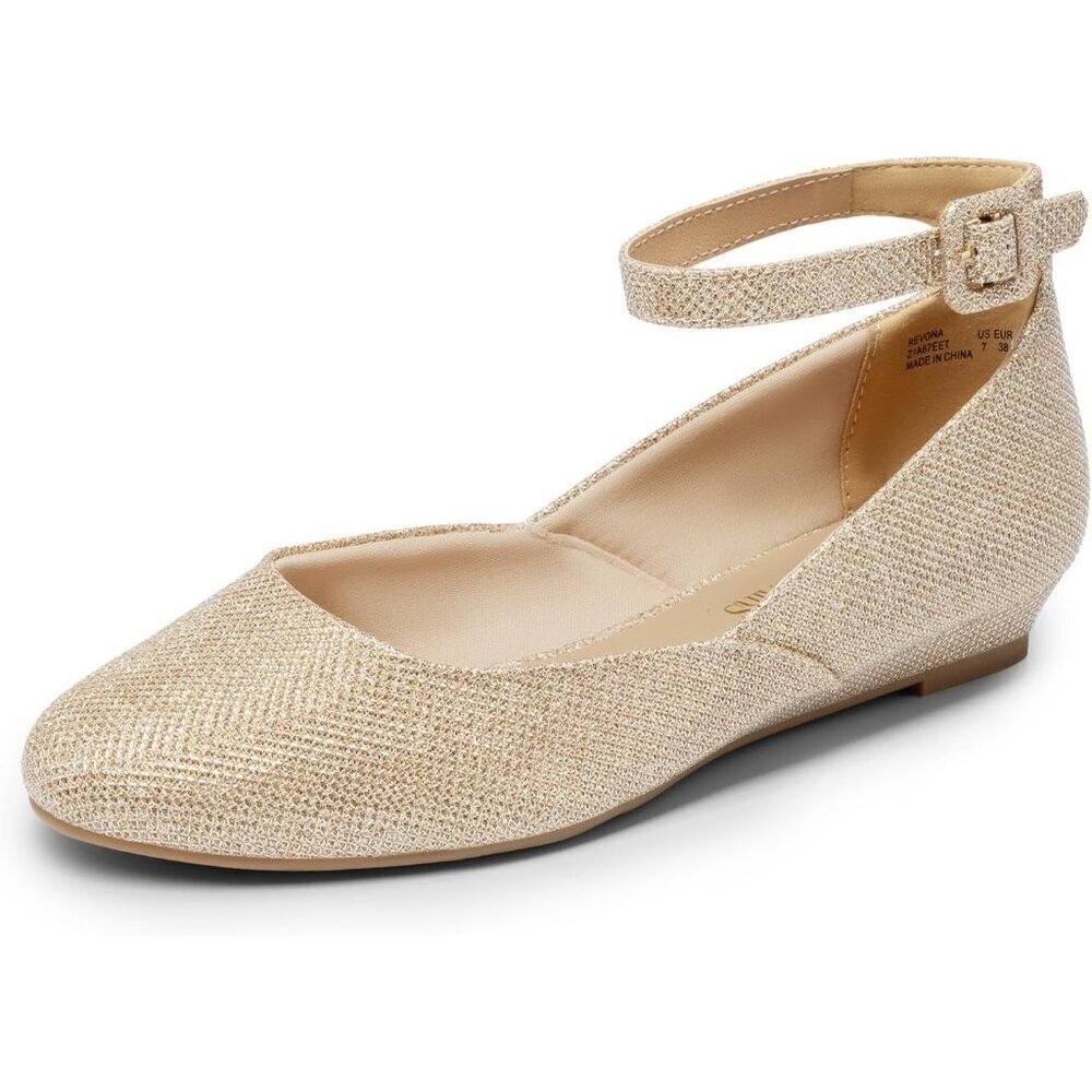 Dream Pairs Women's Gold Faux Leather Ankle Buckle Strap Low Wedge Flats Shoes